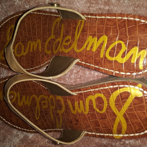 SAM EDELMAN 'Romy 'Nude Tan Patent Cork Wedge Platform Thong Sandals - Picture 4 of 7